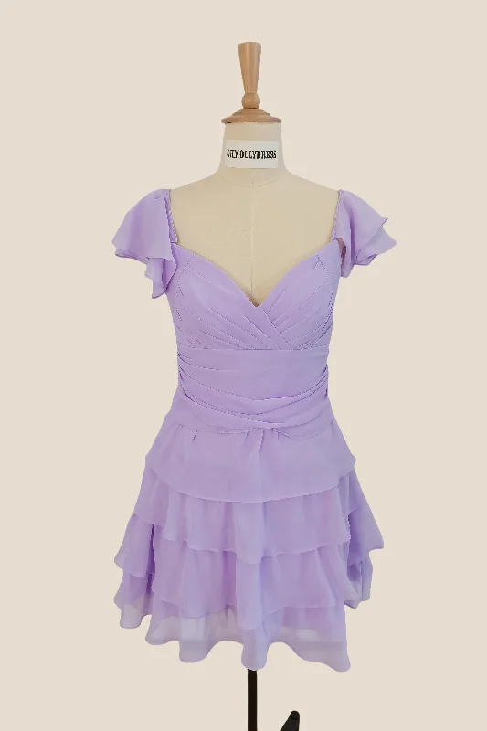 Limited Time ashionable dressV Neck Lavender Layered Chiffon Short Dress