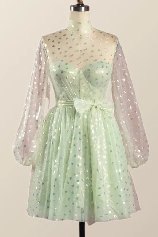 Special Promotion midi dressPuffy Long Sleeves Sage Green A-line Homecoming Dress