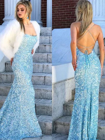 Online Only Mermaid Prom Dresses with Straps Open Back Simple Blue Sequins Lace Long Prom Dress JKL1603