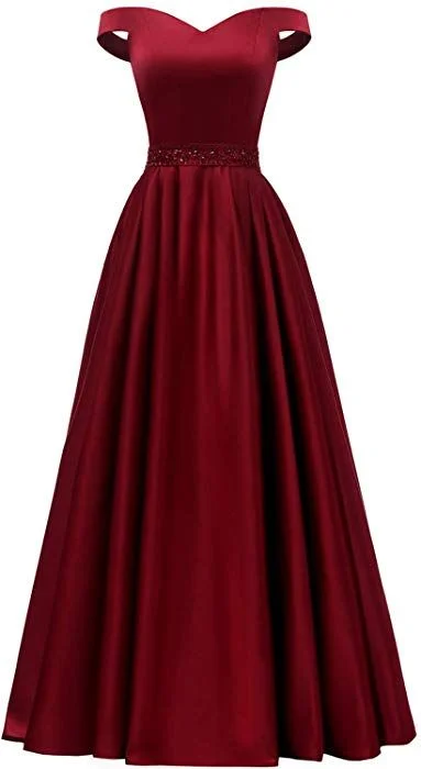Year-End Sale elegant evening dressOff The Shoulder Burgundy Satin Long Prom Dress Y770