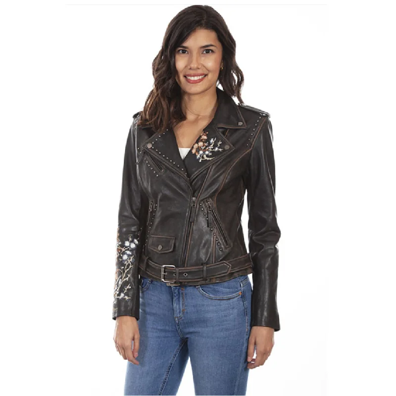 Best Bargains casual sports coatWomen's Black Biker Jacket With Floral Embroidery By Scully L1032