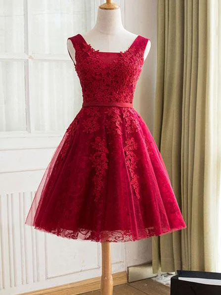 Big Savings Burgundy Homecoming Dress Straps A-line Lace Appliques Lace-up Short Prom Dress Party Dress JK553