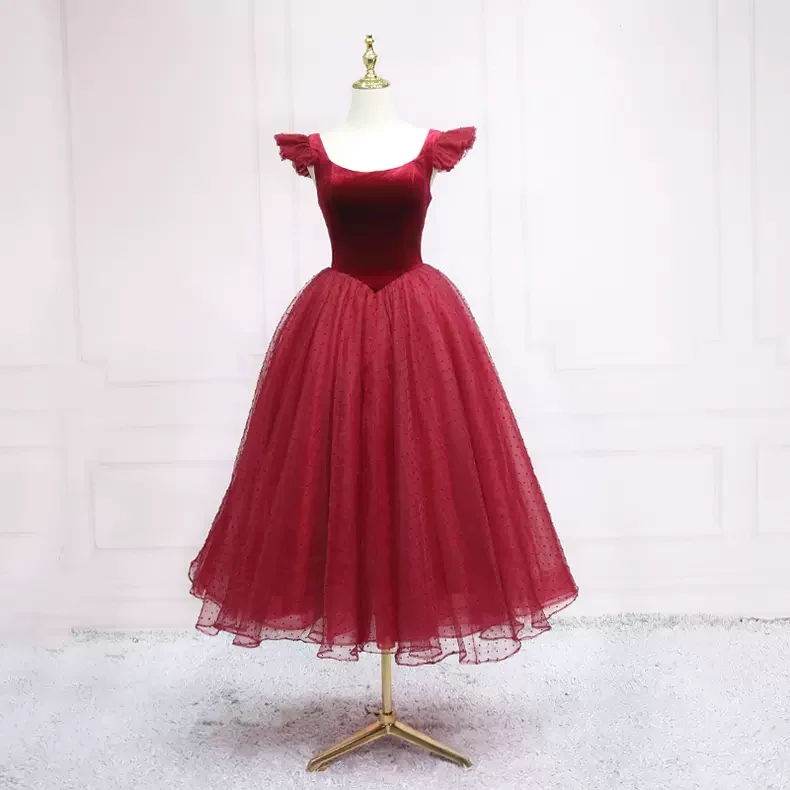 Online Only off-shoulder dressBurgundy Tea Length Party Dress Holiday Dress s06