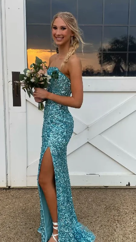 Final Sale backless dressMermaid Sequins Long Prom Dress Strapless Formal Gown Side Slit Y267 Final Sale backless dressMermaid Sequins Long Prom Dress Strapless Formal Gown Side Slit Y267