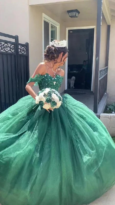 Lowest Price party dressCharming Off The Shoulder Green Tulle Lace Princess Dress,Green Ball Gown Y1118