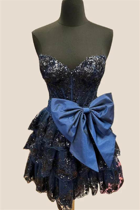 Take Advantage playful dressNavy Blue Appliques Ruffle Short Dress with Bow