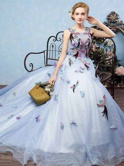 Must-Have Deals Beautiful Prom Dresses Ball Gown Scoop Sweep Train Lace Butterfly Sexy Long Prom Dress JKL677