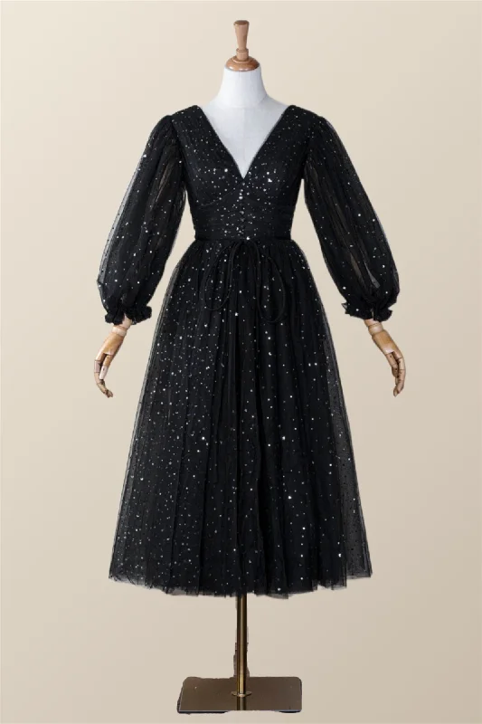 Markdowns sleek dressLong Sleeves Black Starry Tulle Midi Dress