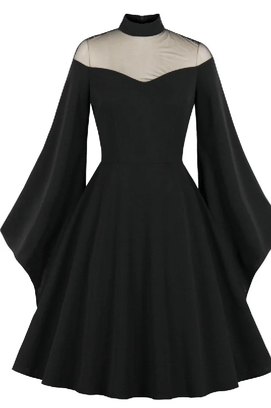 Seasonal Clearance winter dressHigh Neck Black Swing Dress with Flare Long Sleeves