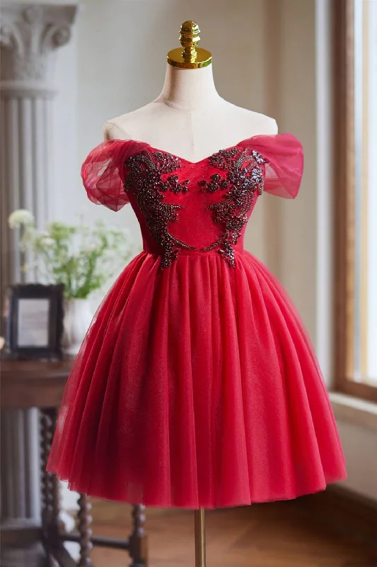 Limited Availability one-shoulder dressOff the Shoulder Red Beaded Short Tulle Dress Limited Availability one-shoulder dressOff the Shoulder Red Beaded Short Tulle Dress