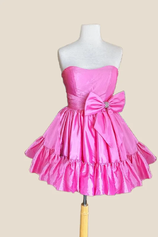 Mega Sale bohemian dressStrapless Pink Bow Ruffle Taffeta Short Dress