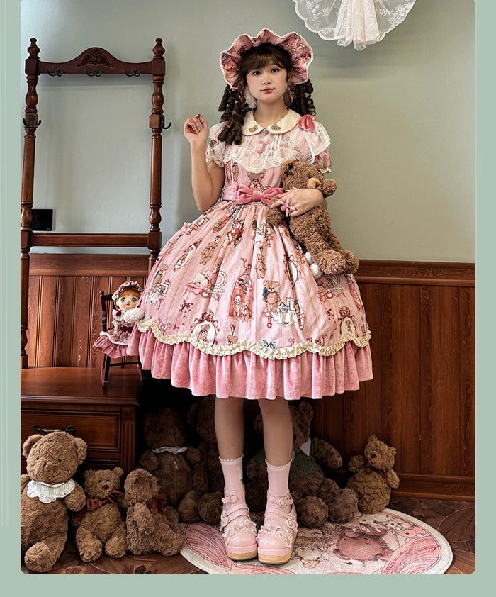 knit dressAlice Girl~Bear Doll Wall~Sweet Lolita OP Lovely Bear Print Dress