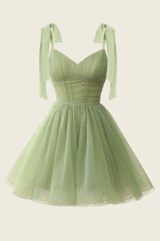 Instant Discount long sleeve dressV-neck Sage Green Pleated A-line Short Dress