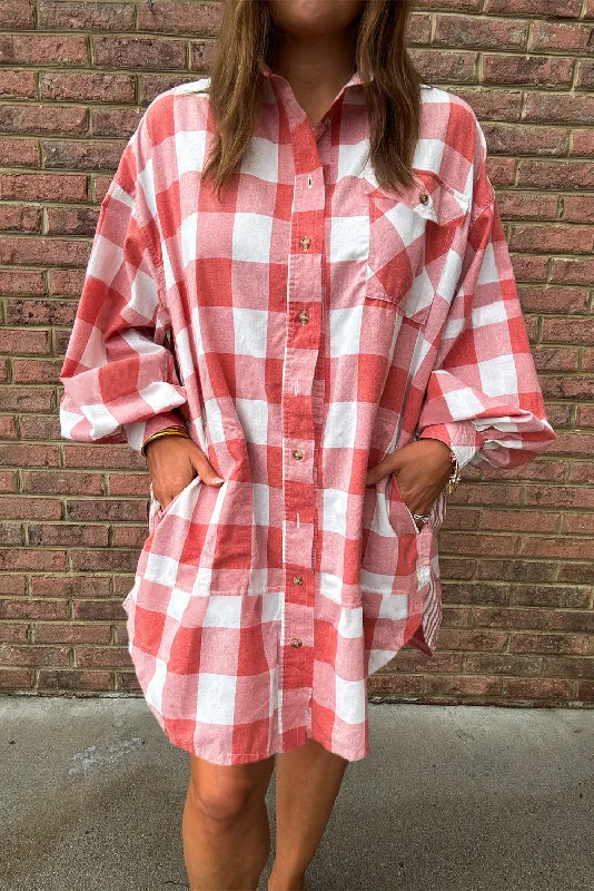 YEAR-End Sale Pink Oversized Plaid Puff Sleeve Round Hem Shirt Dress