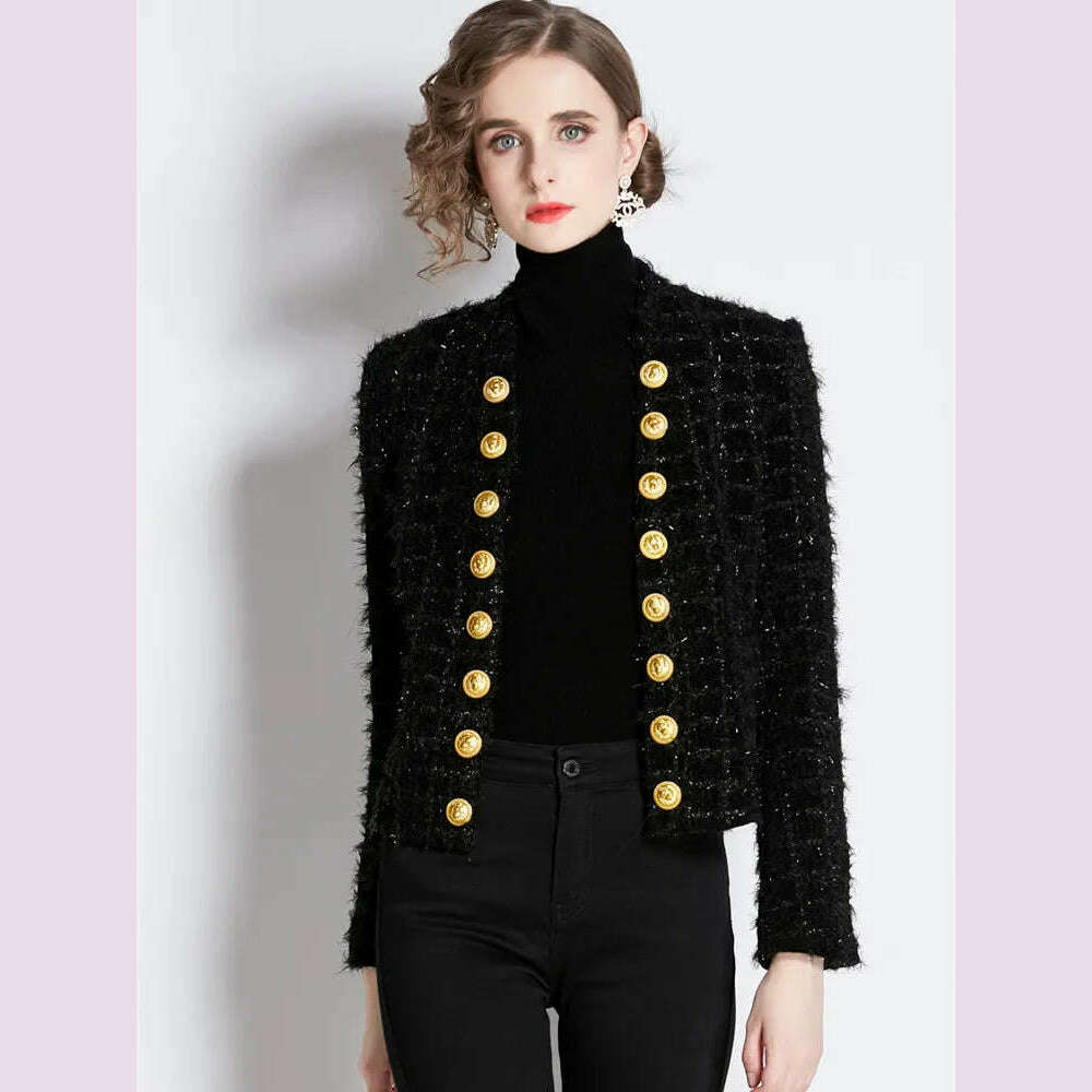 padded puffer coatAutumn Winter New Metal Double Breasted Tassel Bright Silk Wool Jacket Coat Women Black Tweed Short Cardigan Slim Outwear Top