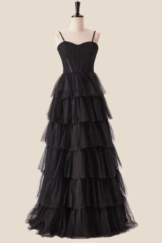 Special Discount casual dressStraps Black Tiered Ruffles Long Maxi Dress