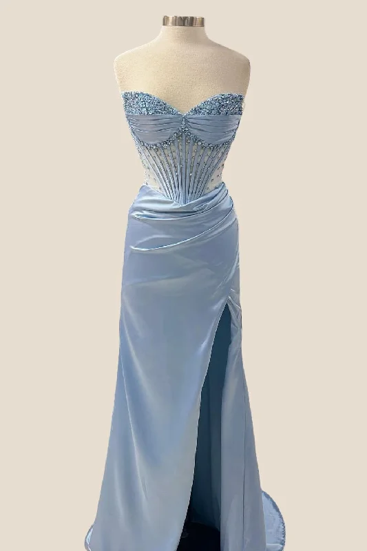 Extra Discounts party dressBeaded Light Blue Corset Mermaid Long Formal Dress