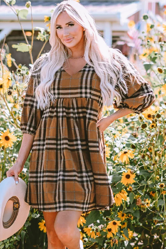 Midnight Madness Brown Plaid Pattern Empire Waist Babydoll Dress