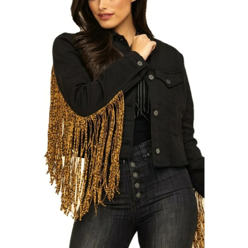Super Deal versatile coatWomen's Black Denim Jacket With Cheetah print Fringe by Scully HC662