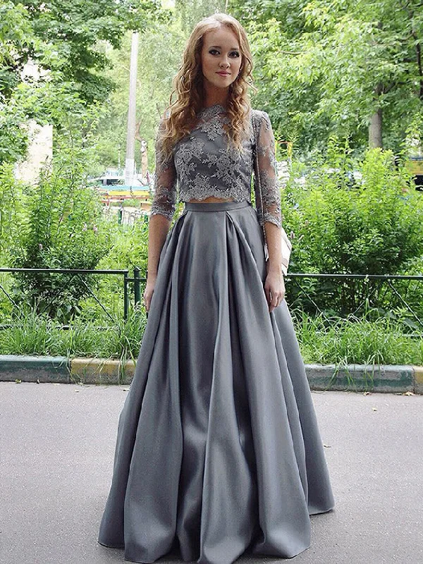 Don’t Miss Out Two Pieces Prom Dresses Half Sleeve Appliques Long Prom Dress/Evening Dress JKS108