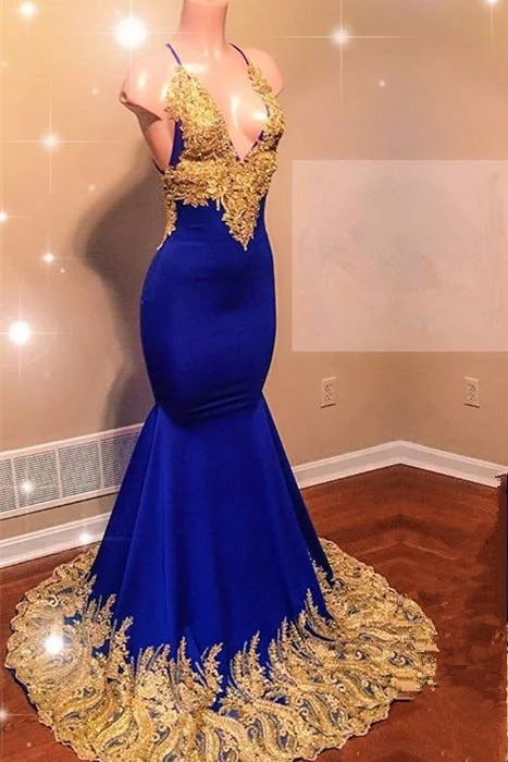 Amazing Deals Sexy Spaghetti Straps V-Neck Mermaid Prom Dress Sequins Blue Long Chiffon