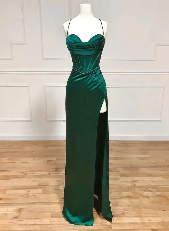 trendy bodycon dressGreen Satin Straps Long Prom Dress with Leg Slit, Green Prom Dress Y1867