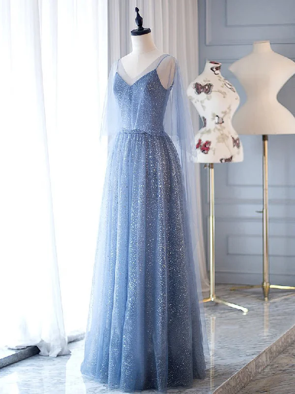 Act Now Lace Prom Dresses V Neck A Line Dusty Blue Long Sparkly Prom Dress JKL1703