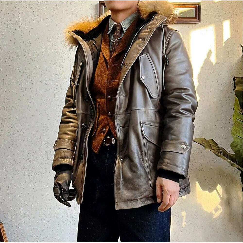 Super Sale comfortable coatCD2375 Red Tornado Big Size Super Warm Mens Genuine Cow Leather 90% Duck Feather Jacket Long N3B Coat