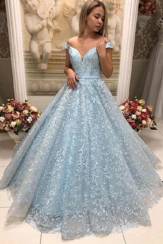 Closeout Elegant Blue Off Shoulder Lace Applique Prom Dresses Long Ball Gown NA5006