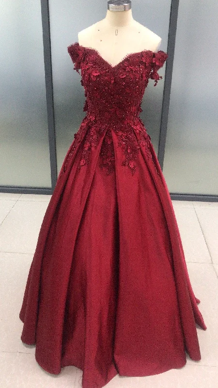 elegant maxi dressDark Red Satin Off Shoulder Lace Applique Floor Length Prom Dress, Wedding Guest Formal Gowns, Off shoulder Party Dress,Custom Made Y1572