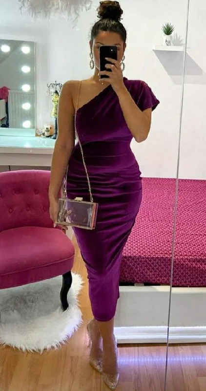 tiered dressOne Shoulder Purple Velvet Party Dress,Short Prom Dress Y1736