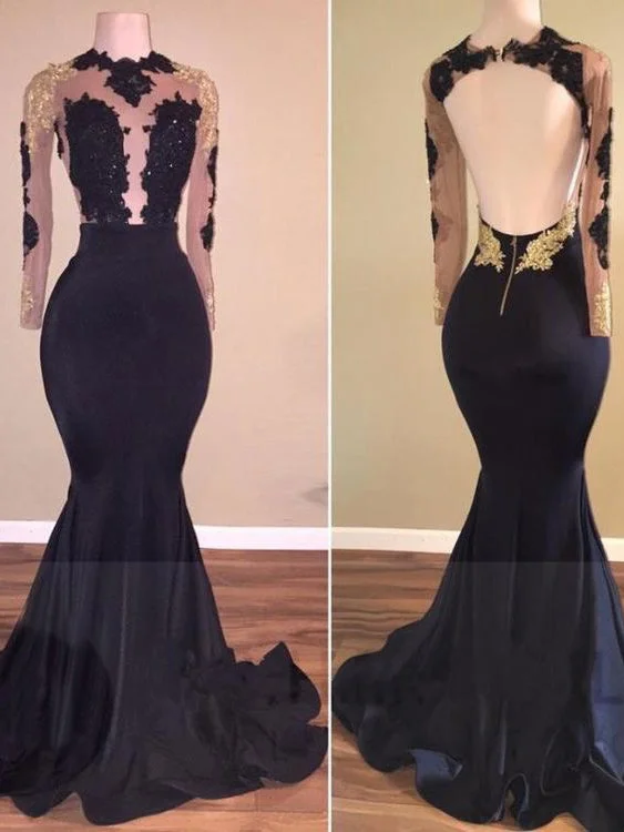 Price Rollback Black Prom Dresses Scoop Open Back Mermaid Short Train Long Prom Dress JKL962
