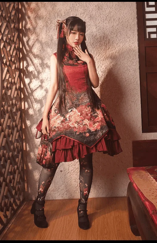 off-the-shoulder dressEdenLost~Lotus and Fish~Han Lolita Dress Cheongsam Dress Stand-Up Collar