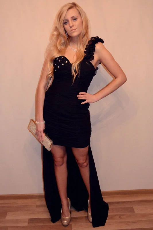 Friends and Family Sale Sheath One-shoulder Hi-low Length Chiffon Rhinestone Prom Dress