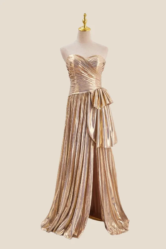 Don't Wait winter dressStrapless Gold Pleated Metallic Long Dress