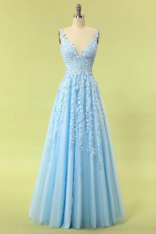 Special Offer lace dressBlue Lace Appliques A-line Long Formal Dress