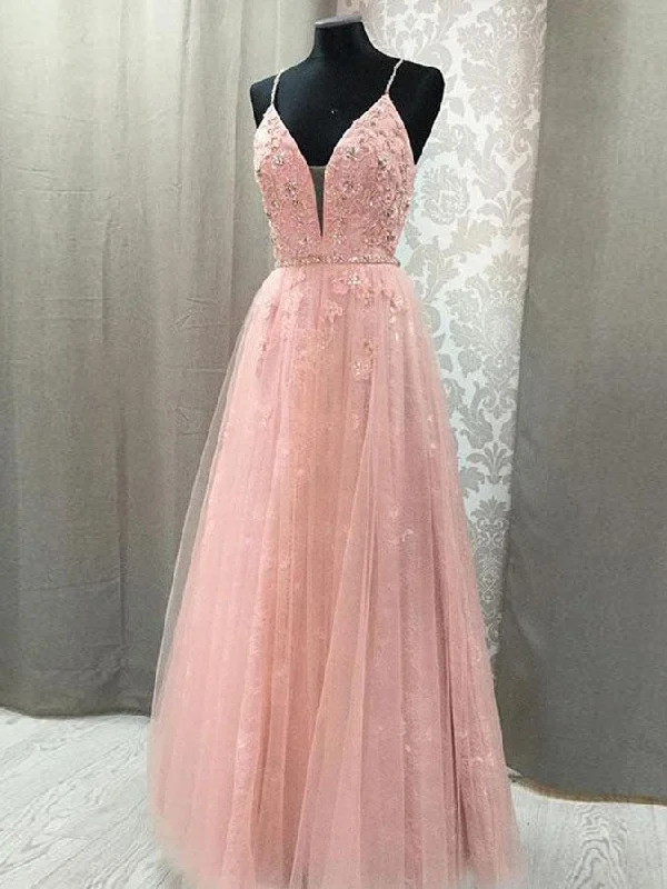 Savings Galore Pink Prom Dresses with Straps Aline Floor-length Appliques Long Lace Open Back Prom Dress JKL1488
