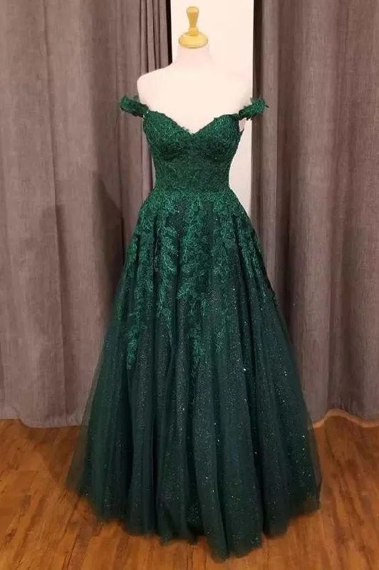 v-neck dressHunter Green Floral Appliques Off-the-Shoulder A-Line Prom Dress Y1834