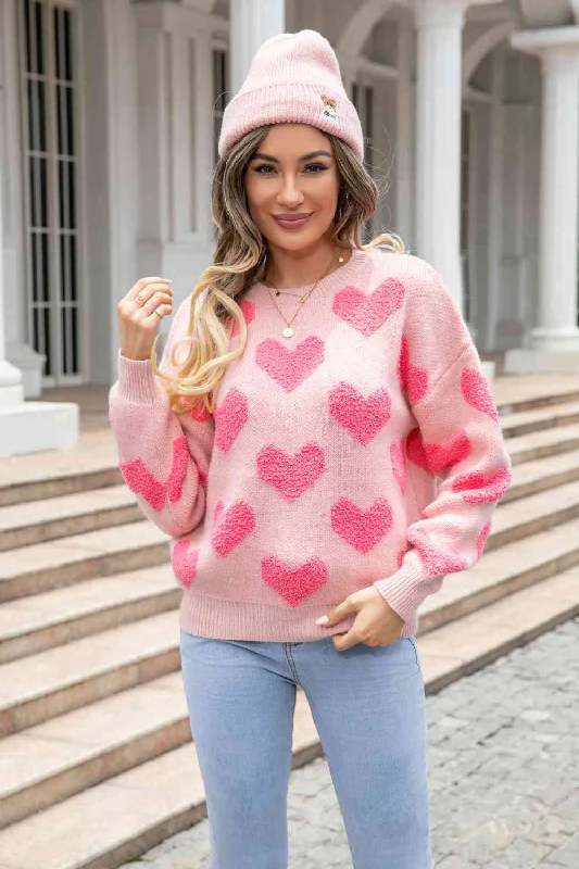 fashionable workout wearRound Neck Dropped Shoulder Heart Sweater