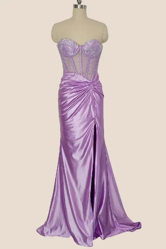 Great Bargains comfy dressSweetheart Lilac Beaded Ruched Mermaid Long Dress