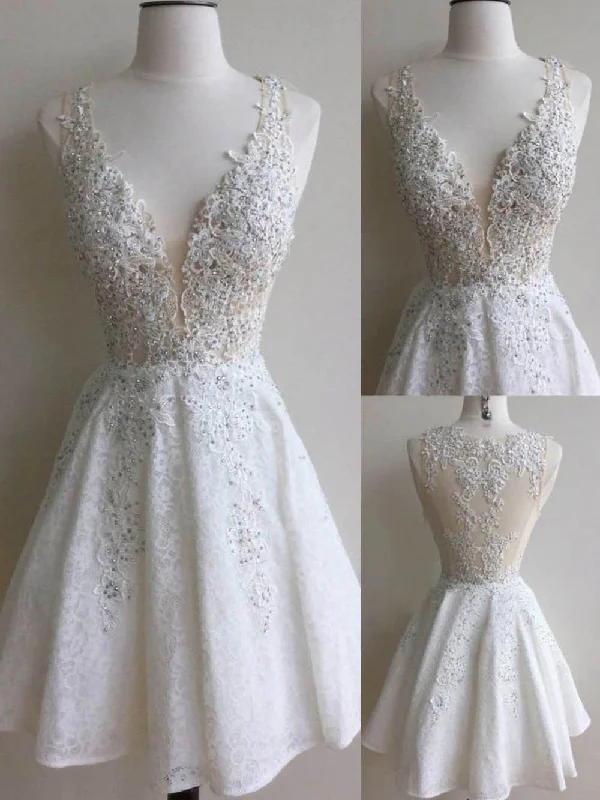 Price Cut Homecoming Dress V-neck Lace Ivory Short Prom Dress Party Dress JK168