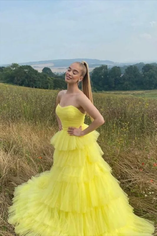 The Best Prices off-the-shoulder dressA-line yellow strapless layered tulle prom dress Y1045