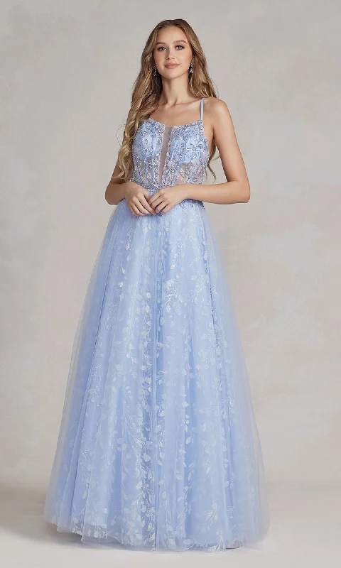 chic slip dressPeriwinkle Sheer-Bodice Long A-Line Prom Dress