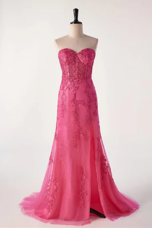 New Deals flowy evening dressHot Pink Lace Appliques Mermaid Long Formal Gown