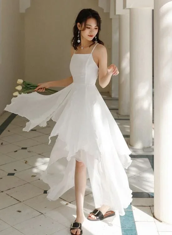 Super Sale floral dressWhite Chiffon High Low Chic Simple Wedding Party Dress, White Short Prom Dress Graduation Dress Y985