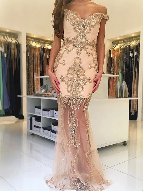 The Best Prices Champagne Prom Dresses Off-the-shoulder Sexy Prom Dress/Evening Dress JKS083
