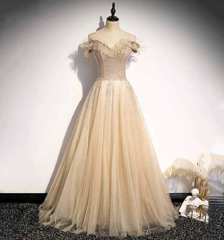 Referral Discount fitted bodycon dressChampagne tulle beads long prom dress formal dress s73