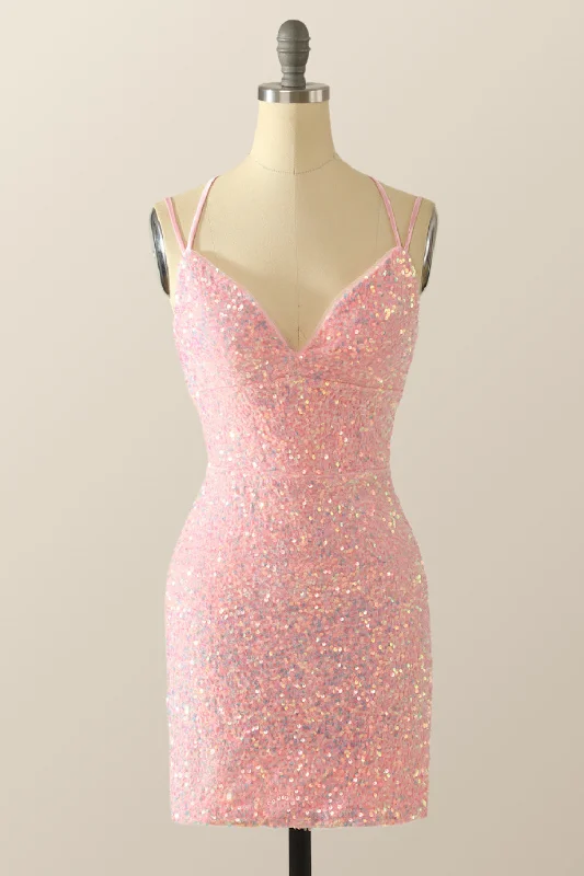 Act Now minimalistic dressDouble Straps Pink Sequin Bodycon Mini Dress