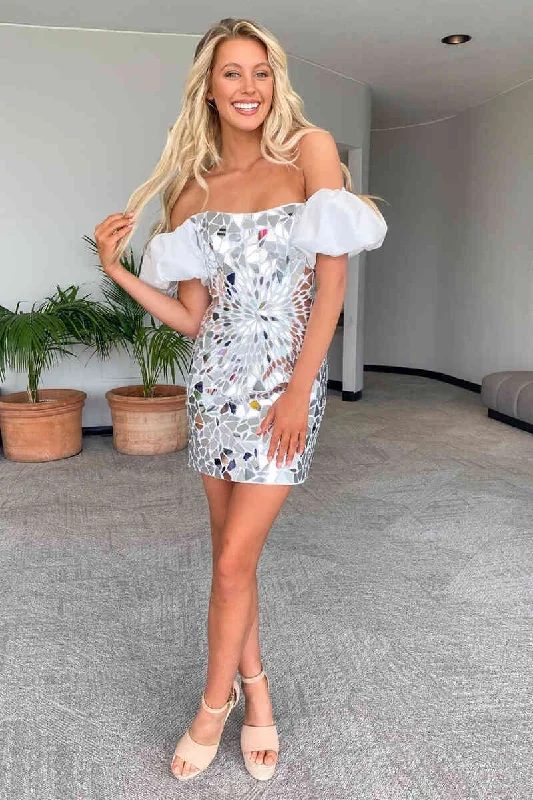 t-shirt dressOff the Shoulder Silver Cut Glass Mirror Homecoming Dress Y1919