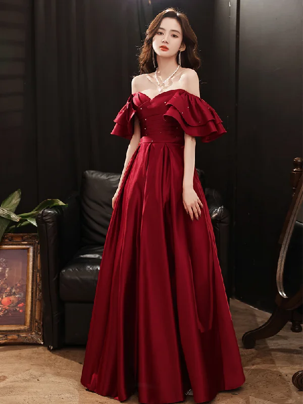 relaxed fit dressDark Red Satin New Style Off Shoulder Long Prom Dress, A-line Long Formal Dress Y1427